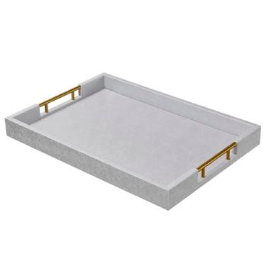 Imagem de Bandeja de servir de couro sintético prata de 35 x 50 cm com alças de metal dourado para várias ocasiões, otomana, decoração de casa, sala de estar, organizador de mesa de café, serve café da manhã na