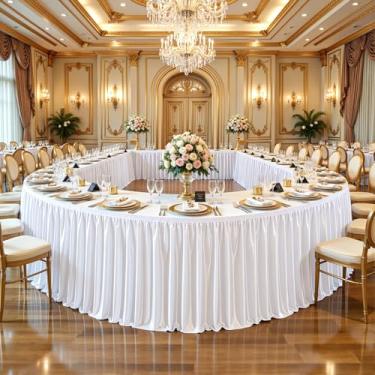 Imagem de Saia de mesa de cetim branca de 4,7 m de elastano brilhante para mesa retangular/redonda, saia plissada com babados, toalha de mesa sem rugas para cozinha doméstica, festa de aniversário, dormitório