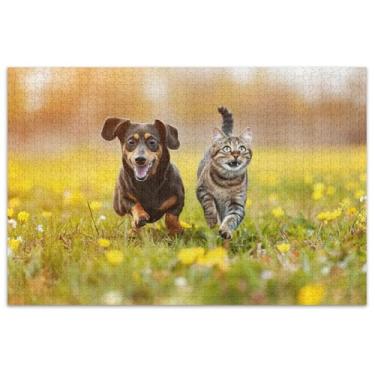 Imagem de Quebra-cabeças Dachshund e gato correndo em um prado 500 peças para amigos adultos presentes de jogos de família quebra-cabeças exclusivos desenhos animados animais