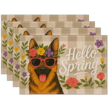 Imagem de HOMETITUTE Jogo americano de primavera, conjunto de 4 tapetes de mesa florais de pastor alemão de 30,5 x 45,7 cm para jantar, roupa de cama, decoração de cozinha de fazenda, tapete de mesa para uso ao