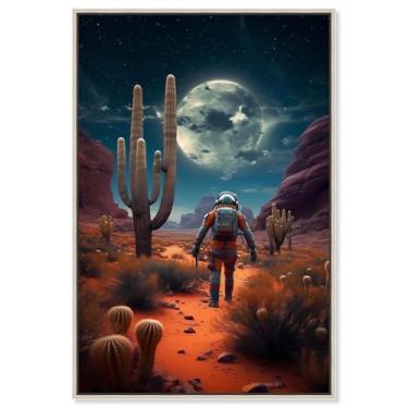 Imagem de Arte de parede de astronauta com impressão em tela Desert Planet Drifter por Art Remedy, moldura prata, 50 x 76 cm