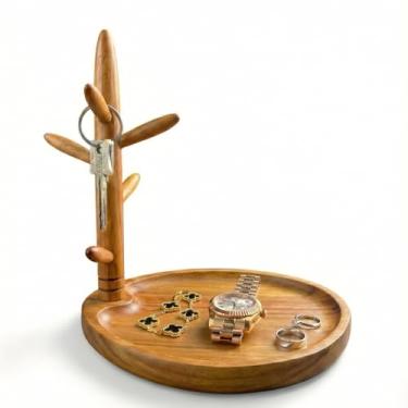 Imagem de LEASUR Bandeja de chave de madeira sólida de acácia para mesa de entrada, bandeja de joias de madeira não revestida com 5 ganchos para suporte de anel, colares e relógio de pulseira