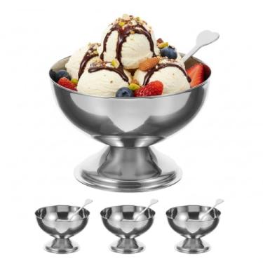 Imagem de Veemoon 4 tigelas de sorvete de aço inoxidável, taça de sobremesa prateada, copos de metal cupê, copo de servir bebida fria, iogurte, frutas, lanche, recipiente de mistura para pudim, doces, salada