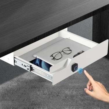 Imagem de Ciao Stilista Armazenamento de gaveta sob a mesa com trava de impressão digital, organizador de metal deslizante para mesas e bancadas de trabalho para escritório e casa 40,6 x 30 x 9 cm, branco