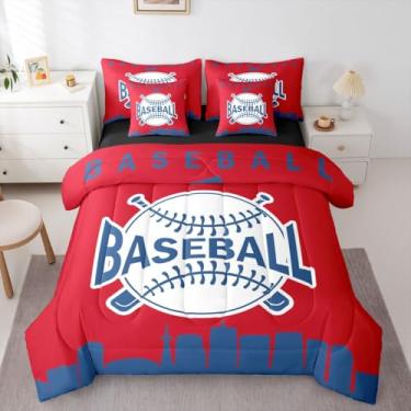 Imagem de Jogo de cama de solteiro de beisebol para meninos, jogos de bola esportiva, com lençol para quarto de crianças, adolescentes, homens, 7 peças, silhueta de cidade americana, vermelho, azul escuro