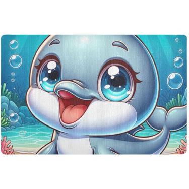 Imagem de TSENQUE Tapete personalizado de desenho animado de golfinho fofo tapete de boas-vindas ao ar livre, tapetes de entrada internos laváveis para casa, 81 x 50 cm