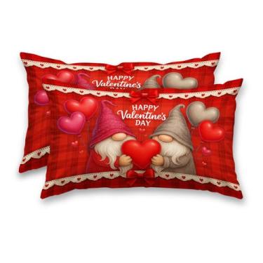 Imagem de HOMETITUTE Happy Valentine's Day Conjunto de 2 fronhas decorativas de cetim 30,5 x 50,8 cm gnomo e coração balão arte lombar fronhas para sofá sofá sala de estar casa de fazenda decorações de férias
