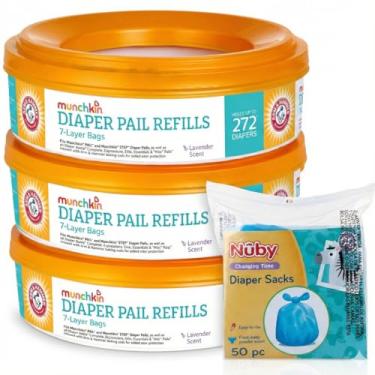 Imagem de 3 anéis de recarga de balde de fraldas Munchkin A&H, cada um comporta até 272 fraldas recém-nascidas, pacote com 3