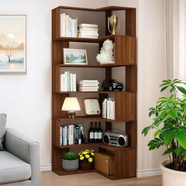 Imagem de Hothingwell Estante de canto com 6 níveis de altura, prateleira de canto de canto, prateleiras de canto de nogueira para escritório em casa, sala de estar, quarto