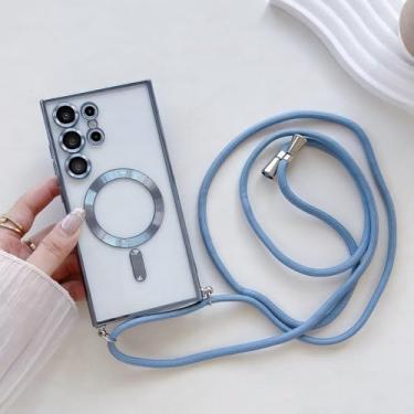 Imagem de Capa transparente com cordão para Samsung S24 S23 S22 S21 Ultra Plus, capa magnética com cordão para carregamento sem fio, azul claro, para S22 Ultra