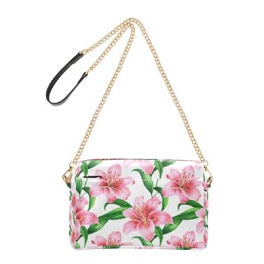 Imagem de Joitme Bolsa transversal feminina bolsa para celular bolsa de ombro de couro PU alça de corrente aquarela flores lírio folhas verdes branco