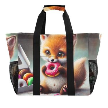 Imagem de Sacolas de compras reutilizáveis para mantimentos, sacolas fofas de raposa donut, sacolas utilitárias, para mulheres, praia, extragrande, para nadar, mamãe, bolsa legal