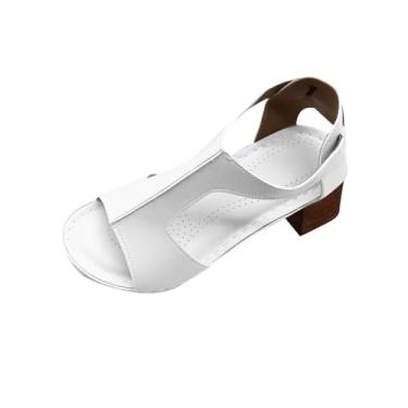 Imagem de Sapatos femininos fashion casual verão cor sólida confortável bico aberto salto alto salto grosso, Branco, 38