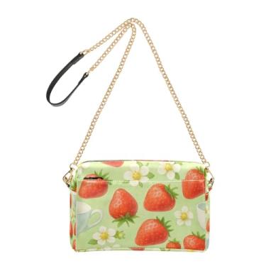Imagem de Joitme Bolsa tiracolo verde de morangos vermelhos margaridas brancas bolsas femininas de couro PU bolsa de ombro alça de corrente bolsa para celular