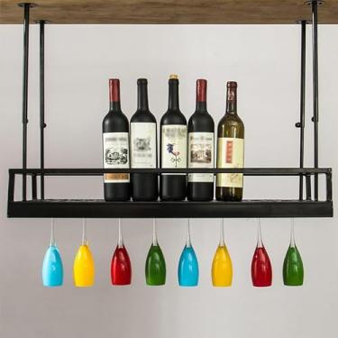 Imagem de Rack de vinho suspenso de metal, suporte de garrafa de vinho flutuante para pendurar no teto, organizador de estantes de copos - preto (preto 120 x 30 cm)