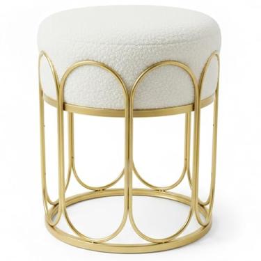 Imagem de ALPOME Banqueta moderna com moldura de metal dourado, assento redondo de pele sintética branca, cadeira de maquiagem estilo art déco para quarto, vestiário