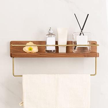 Imagem de Prateleiras flutuantes de madeira maciça para organizador de banheiro, suporte de chuveiro montado na parede