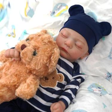 Imagem de Bebê Reborn Menino Boneca Realista Corpo de Silicone Pintado com Acessórios Urso 48cm (Menino Dormindo 2)