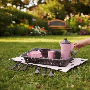 Imagem de Cesta Piquenique Infantil Divertida Com 16 Peças Marrom e Rosa Simo Toys