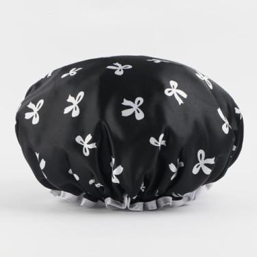 Imagem de Touca de banho feminina reutilizável à prova d'água elástica com laço preto touca de banho para cabelos longos e grossos Toucas de banho macias