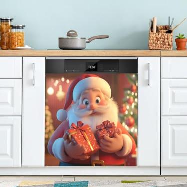 Imagem de SEHANY Linda capa magnética de Papai Noel para lava-louças, adesivos magnéticos decorativos antiarranhões para painel de geladeira e lava-louças, decoração de Natal de cozinha doméstica 58 x 66 cm