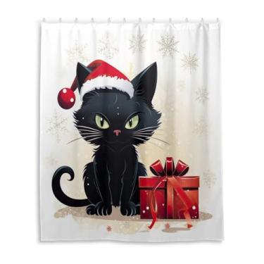 Imagem de Wassud Cortinas de chuveiro preto gato Natal cortina de chuveiro para banheiro conjunto de cortina de chuveiro impermeável com 12 ganchos 152 x 182 centímetros