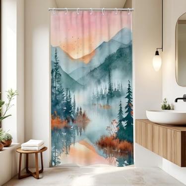 Imagem de Riyidecor Cortina de chuveiro de montanha para decoração de banheiro 91 x 192 cm A pequena barraca RV natureza nebulosa floresta pinheiro pintura tinta pôr do sol paisagem arte impressa tecido