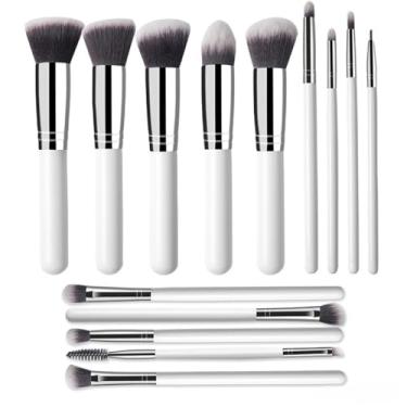 Imagem de Conjunto de pincéis de maquiagem, 14 pincéis de maquiagem profissional, corretivo, blush, pó, bronzer, aplicador, pincel de maquiagem (branco prata)
