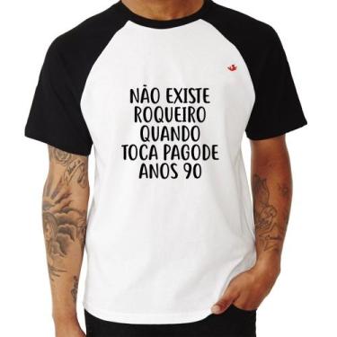 Imagem de Camiseta Raglan Não existe roqueiro quando toca pagode anos 90 - Foca 