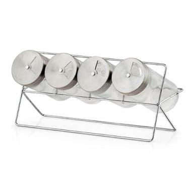 Imagem de Porta Condimentos Com Suporte Horizontal Kit 4 Potes De Vidro Com Tampa Giratória – Organizador Para Temperos