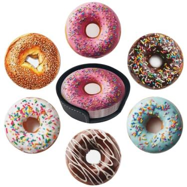 Imagem de sunwarshile Porta-copos para bebidas com suporte de porta-copos redondos de couro, conjunto de 6 xícaras, canecas, tapete para bar de cozinha doméstica (rosquinhas)