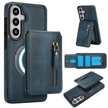 Imagem de Capa para Samsung Galaxy S26 Plus removível compatível com Magsafe sem fio com suporte para cartão, bolso com zíper, suporte 2 em 1 à prova de choque (azul)