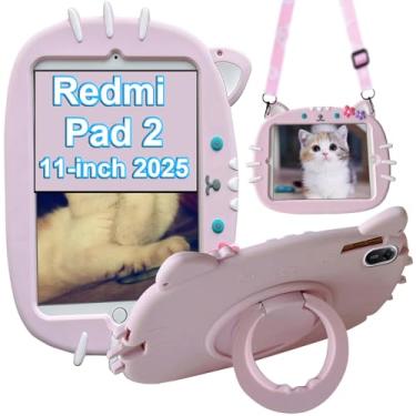 Imagem de YeaQuelior Capa infantil compatível com Xiaomi Redmi Pad 2 de 11 polegadas (2025), à prova de choque [suporte dobrável com alça giratória 360] [alça de ombro] capa fofa de gato para meninos e meninas