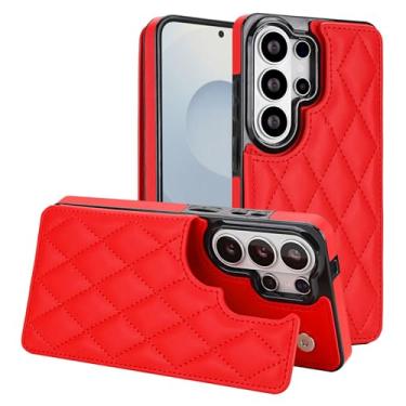 Imagem de Capa carteira para Samsung Galaxy S26 Ultra com compartimentos para cartões e suporte, capa fina de couro com proteção RFID para homens e mulheres, fecho magnético, à prova de choque (vermelha)