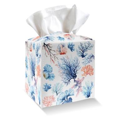 Imagem de Capa quadrada para caixa de lenços de concha coral aquarela, capa de caixa de lenços de couro PU com cinto inferior, organizador de papel facial para mesa, banheiro, cozinha, carro e escritório -029