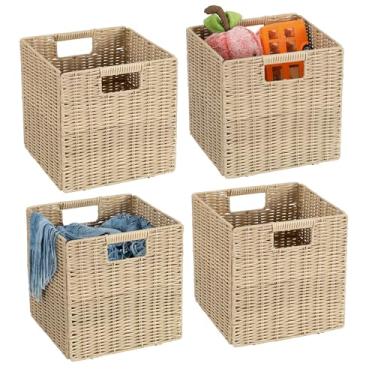 Imagem de TAIMEI&G02 Cestas de vime de plástico de 26,66 x 26,6 cm para armazenamento de cubos, conjunto de 4 cestas quadradas de vime dobráveis, cubo de armazenamento de vime, cestas quadradas para prateleiras