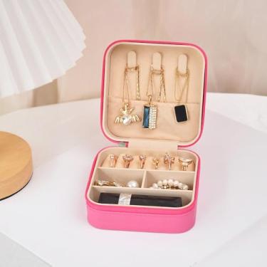 Imagem de Caixa de joias de viagem vermelha de poliuretano – Mini estojo organizador de joias portátil com suporte de armazenamento para anéis, brincos, colares, pulseiras