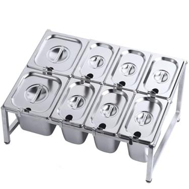 Imagem de Conjunto de suporte de temperos de aço inoxidável 304 – 8 formas com colher e tampa, organizador de geleia de 2 fileiras, prateleira de armazenamento de bancada de cozinha, prata (57 x 35 x 25 cm)