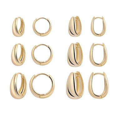 Imagem de CORIXTAL Conjunto de 6 pares de brincos de argola grossa de ouro para mulheres, brincos de argola em forma de U banhados a ouro 14 quilates grossos e leves para presentes