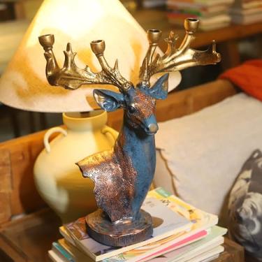 Imagem de Castiçal de veado da sorte de 30,5 cm L estátua de cabeça de alce elegante suporte de vela para cornija de Natal casamento inauguração de casa candelabro apresenta decoração de veado Feng Shui para