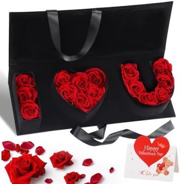 Imagem de Fuyoooo Caixa de presente de veludo para Dia dos Namorados I Love You, preta, vazia, flor, com 15 flores vermelhas artificiais e cartões comemorativos, caixa de presente de veludo para o dia das mães
