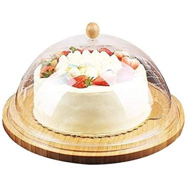 Imagem de Suporte de bolo bandeja de exibição de sobremesa caixa de bolo de plástico redonda, cúpula de pastelaria de pizza com ranhura de paletes de madeira suporte de exibição bandeja de degustação de