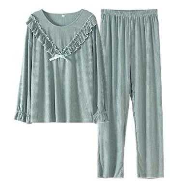 Imagem de 3FLQOOPP Pijama Plus Size M-3XL Conjunto de Duas Peças Roupa de Dormir Feminina Manga Longa Roupa de Casa (Verde 1X)