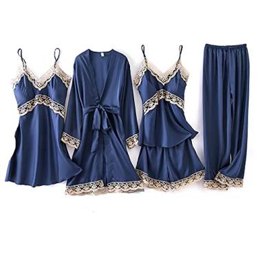 Imagem de HHHJQFAAT Pijamas Vestido Feminino Cetim Curto Quimono Robe Pijama Vestido de Renda Lingerie Conjunto Roupão de Banho Camisola G Preto-4 peças (Rosa b)