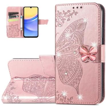 Imagem de Dinglijia Capa carteira para Samsung Galaxy A15, capa de couro PU padrão borboleta com fecho magnético e slots de cartão de dinheiro para Galaxy A15 5G/4G, strass ouro rosa