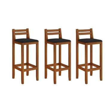 Imagem de Kit 3 Banquetas Em Madeira Maciça Ibiza Balcão 98 Cm Com Encosto - Malbec Assento Preto