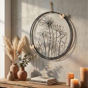 Imagem de Quadro Vazado Escultura de Parede Metal Flores Preto 23cm Tuut Decor