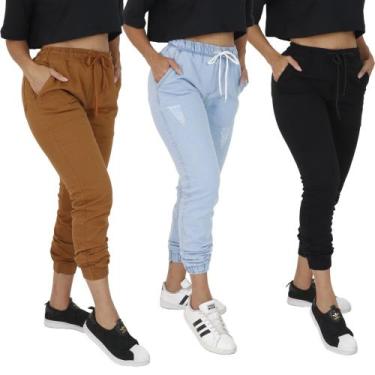 Imagem de Kit Com 3 Unid Calça Joguer Sarja Feminina Azul Preto, 46