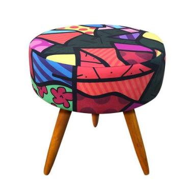 Imagem de Puff Banqueta Berlim Redondo Estampado Romero Coração Pés Castanho - D