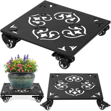 Imagem de Pacote com 2 suportes para plantas de metal quadrado grande de 30,5 cm com rodas Suportes de plantas com rodízios para vasos de flores com rodas, rolos, plantador de ferro à prova de ferrugem